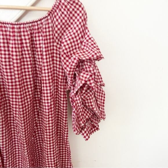 Zara Off the Shoulder Gingham Dress Red White Tiered Ruffle Sleeve Size M - Picture 3 of 10